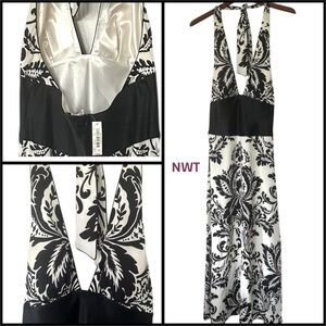 NWT White House Black Market Black and White Halter Satin Dress